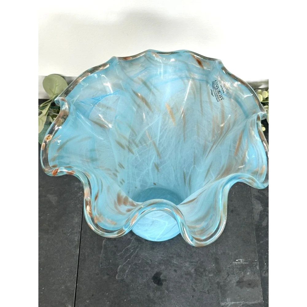 Blue Murano Art Blown Glass Vase Handkerchief Italian white Gold Swirl 11 x 14
